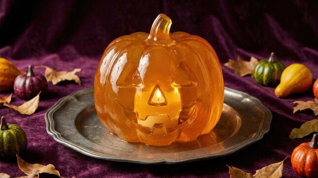 Gelatin jack o lantern glowing on an ornate pewter plate, surrounded by miniature gourds and autumn leaves, Halloween still life