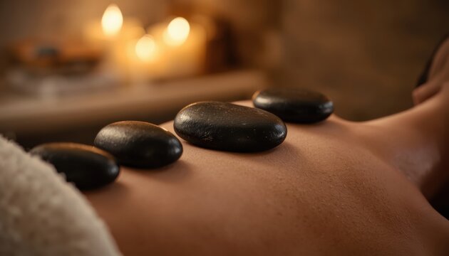 Hot stone massage therapy on bare back with smooth basalt stones and soft candlelight bokeh