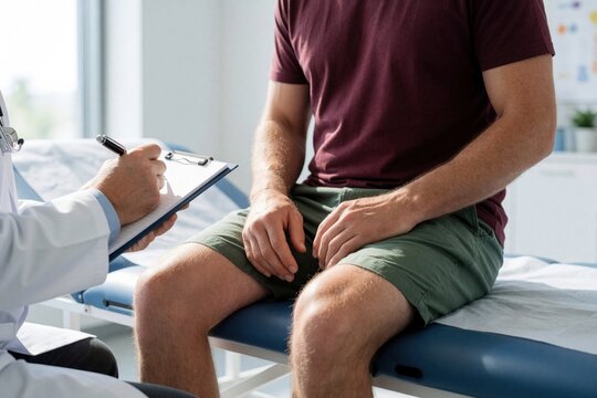Male patient sits on exam table in clinic. Doctor writes notes on clipboard during medical checkup. Adult man discusses prostate health urology symptoms with physician. Pro healthcare consultation