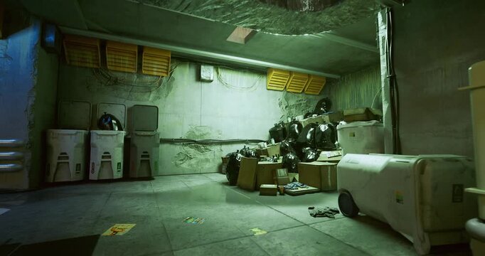 Service room with refrigerator and crates, compressor and piping humming softly, cold concrete floor with condensation patches, fluorescent glow and greenish