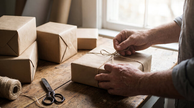 Hands wrap kraft paper gifts with twine at a wooden table. Gift preparation for holidays and celebrations. Handmade packaging, seasonal craft and present giving. DIY gift wrapping project.