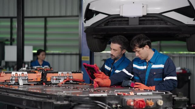 Technician lifts the insulation tester to read the display after probing a high voltage battery pack with his team