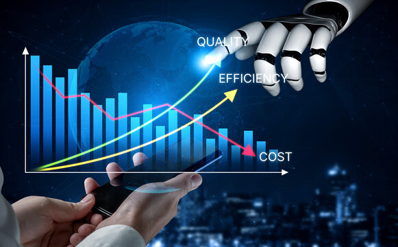 Futuristic Data Visualization with Robot Hand Analyzing Graphs for Quality, Efficiency, and Cost Metrics in Business Performance Analysis. Bitwise.