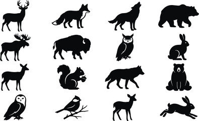 Fototapeta premium Collection of Winter Animal Silhouettes Including Reindeer, Polar Bear, Wolf, and Penguin Isolated on White Background, Vector Bundle for Christmas and Seasonal Holiday Design Projects