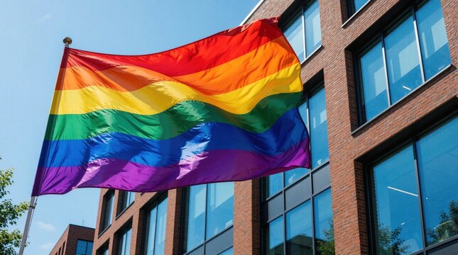 LGBT pride flag waves in wind outside modern brick office building. Rainbow flag diversity, inclusion in urban city. Colorful fabric flutters against blue sky near large glass windows of contemporary