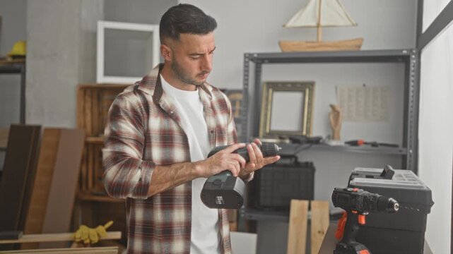 Man carpenter inspects cordless drill and adjusts bit with bare hands near toolbox and wood panels in studio; focus craftsmanship dedication.