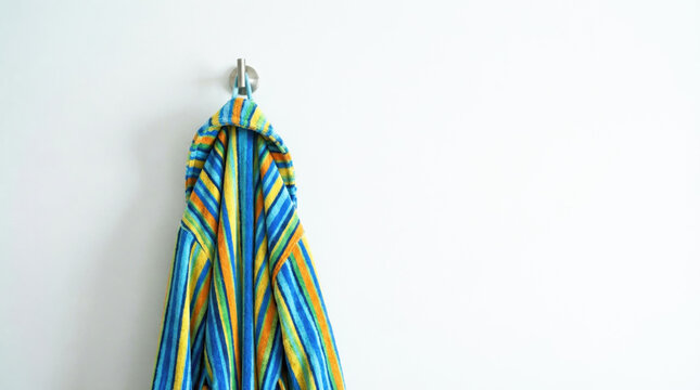 Colorful hotel robe hanging on wall hook in modern interior. Hotel robe features vibrant stripes with blue, yellow and green colors adding style to decor.