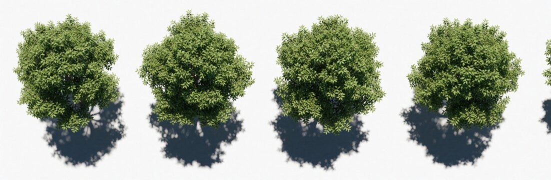 Overhead view of four green leafy trees with dark shadows on white background. Top view of plant crowns in row. Group of healthy garden trees showing dense foliage, natural summer growth from above.