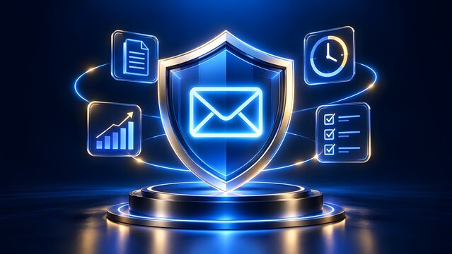 Glowing digital shield containing an email icon surrounded by floating business panels representing secure corporate communication and protected messaging systems