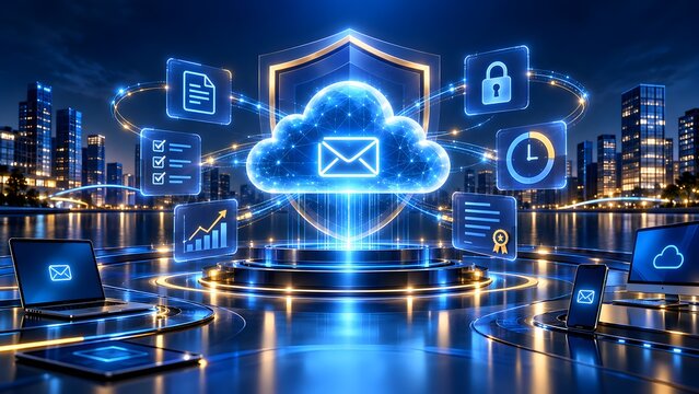 Glowing digital mail icon on cloud interface connected to multiple devices and analytical screens over city skyline representing secure corporate communication network