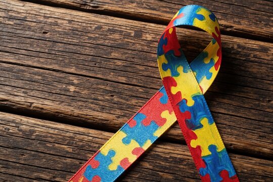 Colorful puzzle pattern ribbon lies on rustic wooden surface. Symbolic ribbon represents autism awareness month day. Concept for neurodiversity, disability support, charity donation campaigns to help
