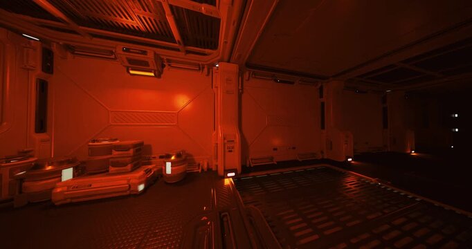 red lit spaceship cargo bay metal floor with stacked crates and low orange sconces, reflective diamond plate surface, maintenance hatch and service conduits,