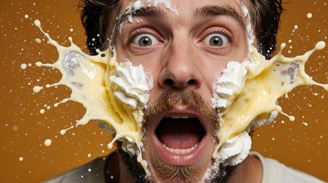Funny young man gets cream pie thrown at face. Messy dessert splash covers skin during comedy prank. Shocked expression with open mouth, wide eyes. Humorous moment with white whipped cream on brown