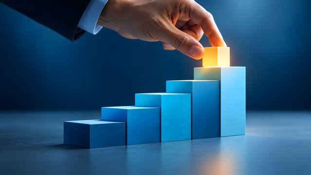 Businessman hand placing final blue block on ascending step chart with glowing top representing ultimate business achievement