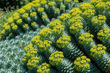 Fototapeta premium Green succulent plants with bright yellow flowers grow in Toronto garden. Close up view of milky euphorbia flora in summer. Many small textured leaves create pattern on green plant stems in outdoor