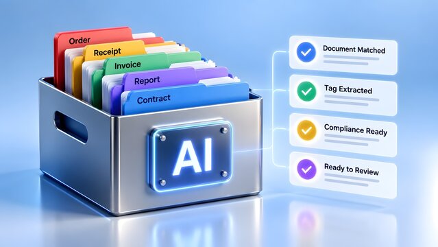 Artificial intelligence document management system sorting folders with glowing workflow process panels