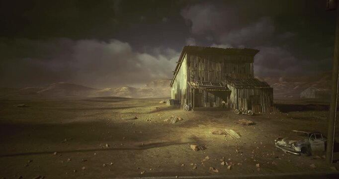 Fallen debris under turbulent sky, Ruined landscape beneath threatening storm clouds, Chaotic wasteland with wreckage and stormy weather overhead