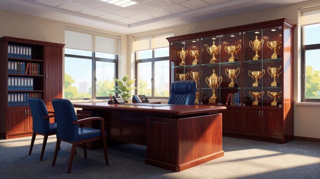 Empty principal office with large wooden desk, blue chairs. School headmaster room features trophy showcase with gold cups, bookcase, bright windows. Professional workspace for teacher meeting,