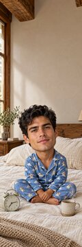 Young man with dwarfism sitting in pajamas on a bed in a cozy bedroom with copy space