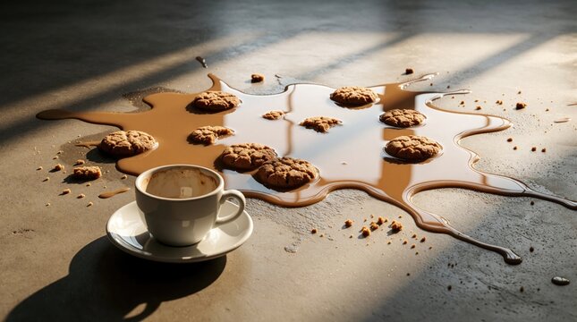Spilled coffee, cookies on gray concrete floor. Messy brown liquid puddle with tasty biscuits on ground. Morning accident in cafe home. Broken breakfast snack creates dirty stain on stone surface