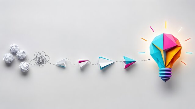 Journey of creative thinking transforming crumpled paper into brilliant ideas, visualized through evolving paper airplanes leading to a vibrant geometric lightbulb.