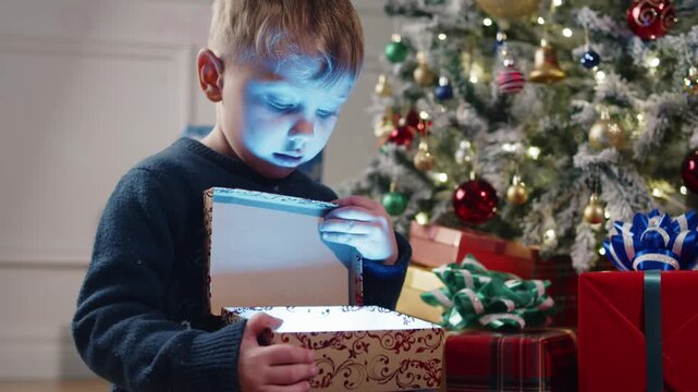 A little boy discovers a glowing Christmas present beneath the tree, opening the box as beautiful warm light illuminates his face and captures his excitement during the holiday celebration.