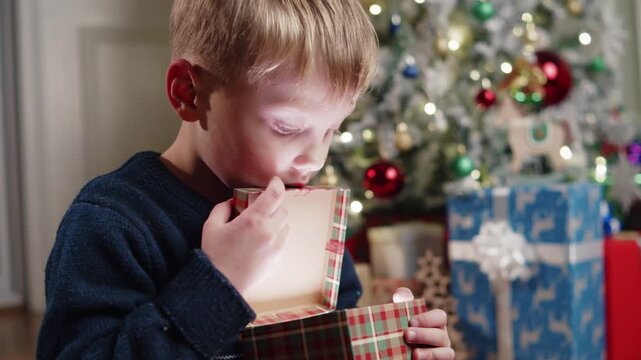Cozy holiday interior with a little boy opening a Christmas present near the tree, while bright magical light from inside the box lights up his smiling face and creates a festive atmosphere.