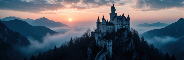 Obraz premium Majestic medieval castle stands on high rocky mountain cliff. Thick white mist covers valley below. Dramatic sunrise sky with orange clouds glows over dark stone architecture. Epic fantasy landscape