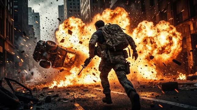 Soldier with large backpack runs through burning city street during war. Huge fire explosion destroys buildings, flips car in background. Chaos, destruction fill urban battlefield as man carries