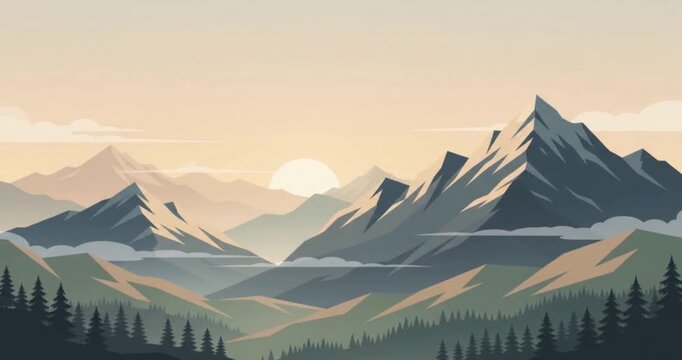 Misty Polygon Mountain Valley with Layered Forest and Atmospheric Flat Vector Animation