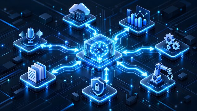Isometric artificial intelligence microchip orchestrating a futuristic digital network of cloud computing robotics and automated data analytics.