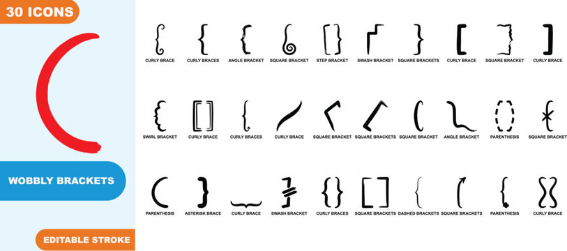 30 editable vector icons featuring curly and square brackets with editable stroke