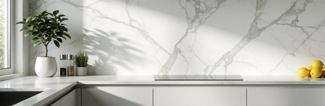 Minimalist white kitchen interior with marble backsplash, quartz countertop. Potted lemon tree, fresh citrus fruits sit near sleek induction cooktop. Bright sunlight creates soft shadows on clean