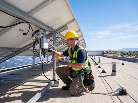 Solar Technician On Rooftop With Solar Panel