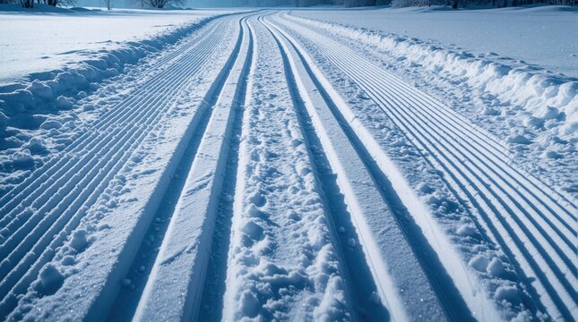 Overhead view of groomed cross country ski tracks in fresh deep white snow. Parallel lines form patterns for winter biathlon nordic skiing training. Cold blue twilight light covers empty winter