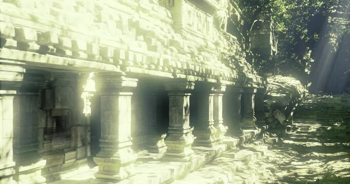 Colonnadelined ancient temple under dappled light, ideal for archaeological survey and drone mapping, textured stone surfaces reveal weathering and carvings,