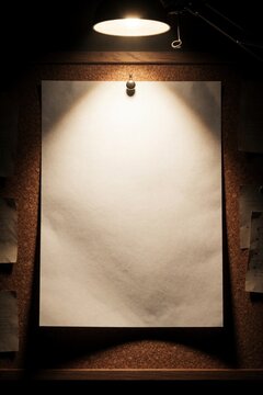 Blank white sheet paper pinned to cluttered detective corkboard in dimly lit room. Intense spotlight shines on empty note for mystery investigation. Crime scene evidence board with space for text