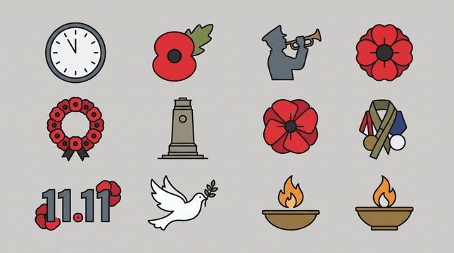 Remembrance and Veterans Day Vector Icon Set with Poppies and Clock