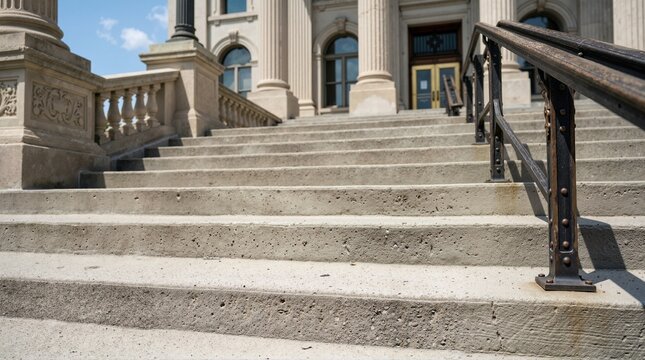 Concrete steps of a historic courthouse building. Architectural exterior detail with stone columns and metal railing