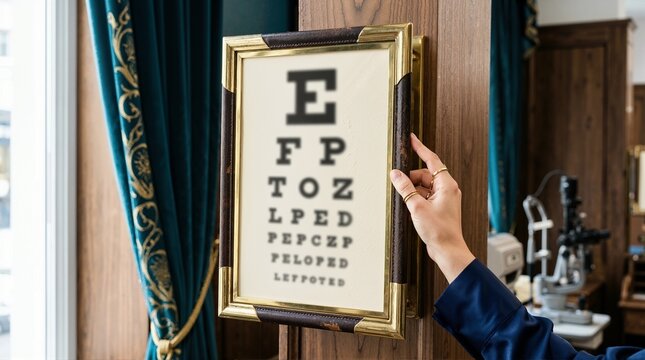 Hand adjusting a framed eye chart on a wooden pillar. Optometry and vision testing concept