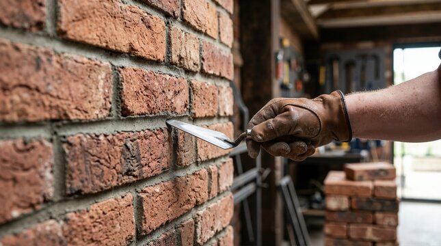 Mason pointing brick mortar joints in a workshop. Bricklayer using a trowel. Construction and masonry craft