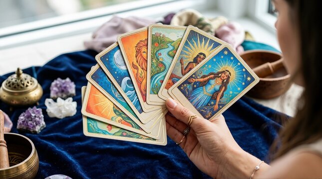 Woman holding fan of oracle cards. Spiritual divination and tarot reading