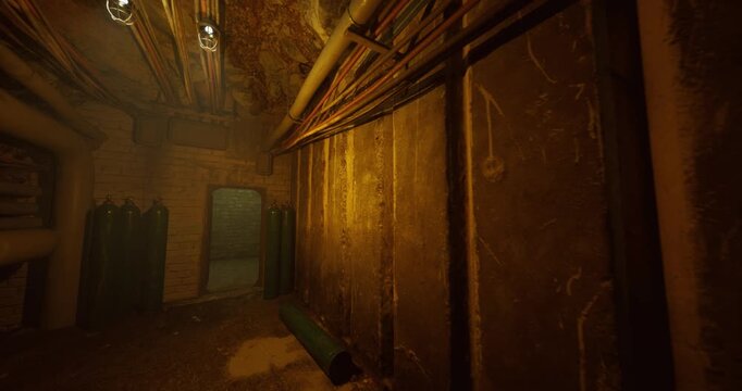 Locked double doors at corridor end with glowing backlight and peeling metal threshold, damp floor, heavy bolts, padlock detail, tense composition suggesting