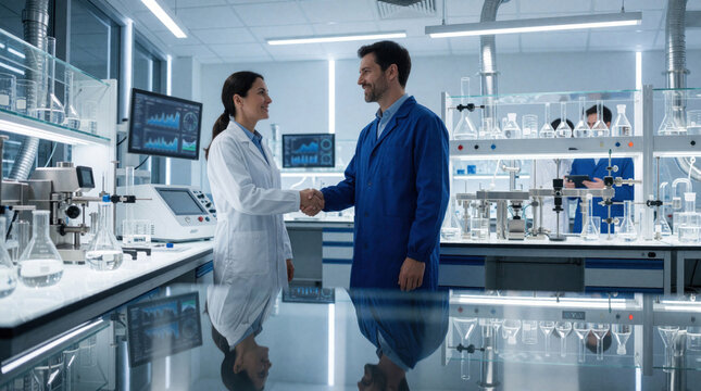 Male technician, female scientist shake hands in modern hi-tech laboratory. Pro colleagues celebrate successful research experiment business deal. Teamwork, partnership in sterile medical science lab