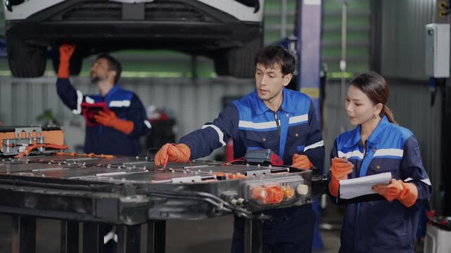 EV battery pack testing in the foreground while a technician behind inspects the underside of the lifted electric car