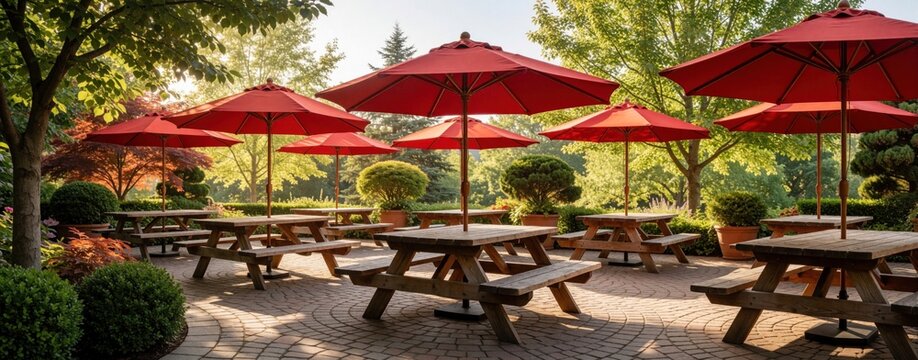Outdoor terrace area with wooden picnic tables, red parasols. Empty patio with garden view, green trees in summer sunlight. Sunny restaurant seating arrangement with shade umbrellas in park backyard.