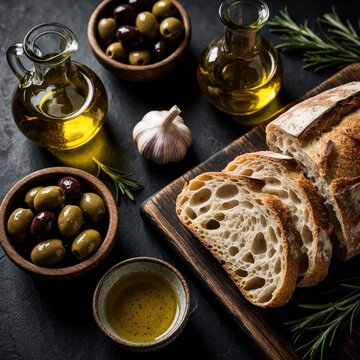 Fresh sourdough bread slices on wooden board with olive oil, garlic. Small bowls contain green, black olives. Rosemary herbs, oil cruets sit on dark stone table. Mediterranean diet food setup for
