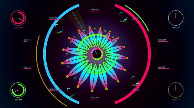 Kinetic harvesting animation displays pulsating floral geometric shapes with revolving neon circular rings and numeric data feeds on a dark digital interface during a seamless loop