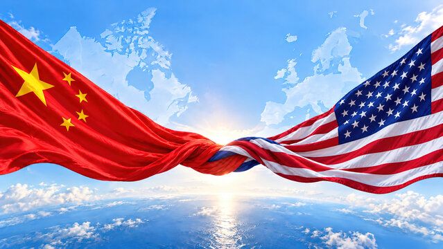 Flags of China and the United States tied together in a knot in front of a world map; a concept representing bilateral agreements, economic cooperation, trade negotiations, and international relations