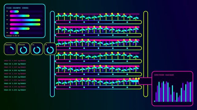 Automated kinetic harvesting systems monitor agricultural growth patterns through a digital dashboard interface showing plant progress in a vertical farm setup with glowing neon interface elements